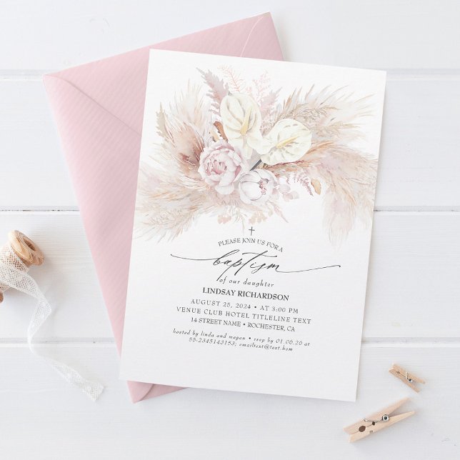 White Anthurium and Pampas Grass Floral Baptism Invitation (Creator Uploaded)