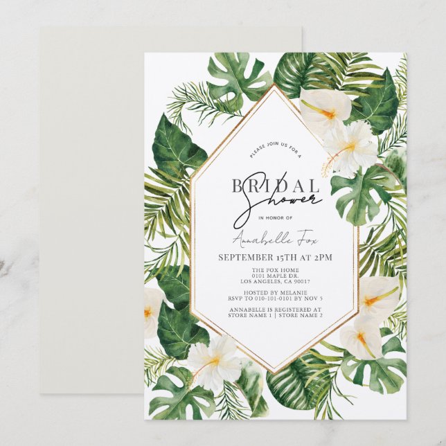 White Anthurium & Hibiscus Floral Bridal Shower Invitation (Front/Back)