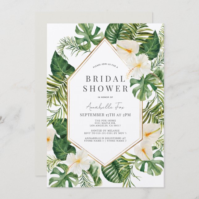 White Anthurium & Hibiscus Floral Bridal Shower Invitation (Front/Back)