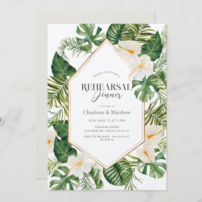 White Anthurium & Hibiscus Floral Rehearsal Dinner Invitation (Front/Back)