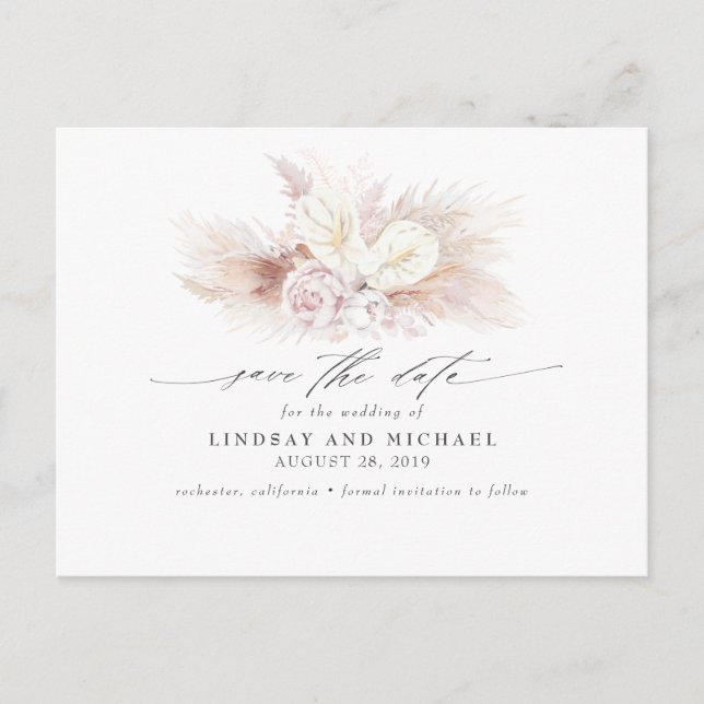 White Anthuriums and Pampas Grass Save the Date Postcard (Front)