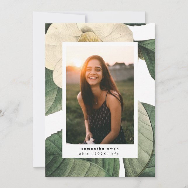 White Antique Flower Photo University Grad Announcement (Front)