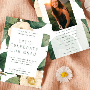 White Antique Flower Photo University Grad Invitation