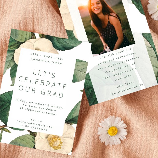 White Antique Flower Photo University Grad Invitation (Creator Uploaded)