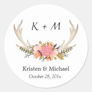 White Antler Floral Bride Groom Wedding Monogram Classic Round Sticker