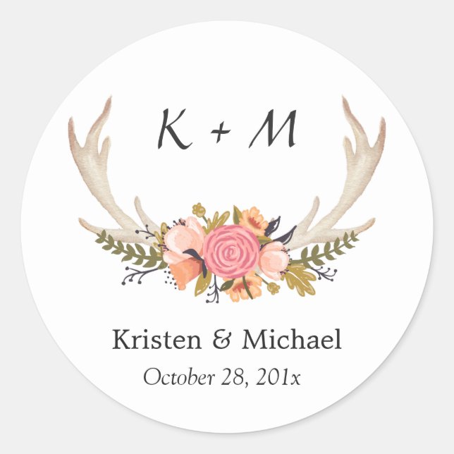 White Antler Floral Bride Groom Wedding Monogram Classic Round Sticker (Front)