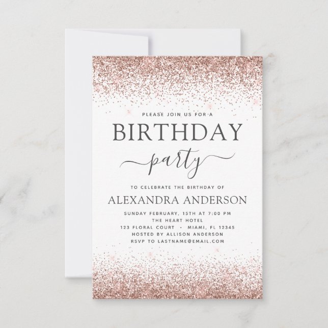 White Any Age Birthday Pink Rose Gold Glitter Invitation (Front)