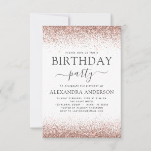 White Any Age Birthday Pink Rose Gold Glitter Invitation