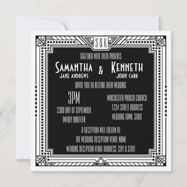 White & Any Colour Great Gatsby Art Deco Wedding Invitation (Front)