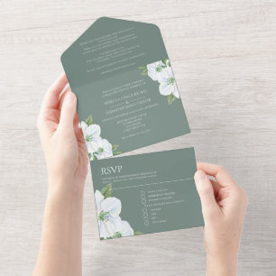 White Apple Blossom All In One Wedding Invitation
