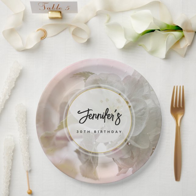  White Apple Blossom Photograph Birthday Paper Plate (Wedding)