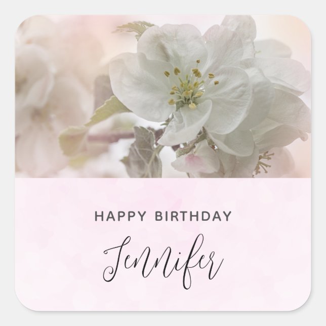 White Apple Blossom Photograph Birthday Square Sticker (Front)