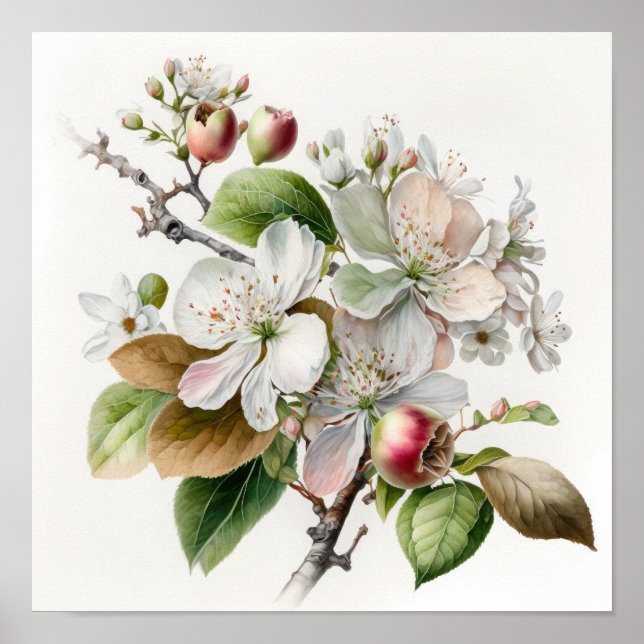 White Apple Blossoms Flower Art Print Poster (Front)