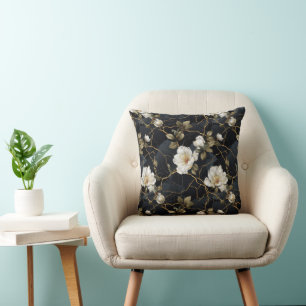 White Apple Blossoms on Black Gold Background Cushion