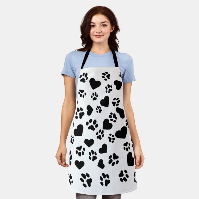 White Apron with Heart & Paw Prints Pattern (Worn)