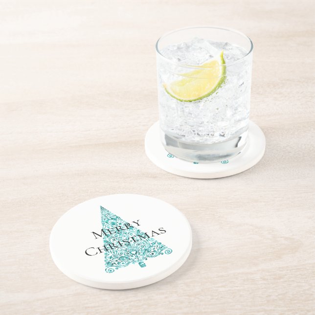 White Aqua Blue Christmas Tree Coaster (Side)
