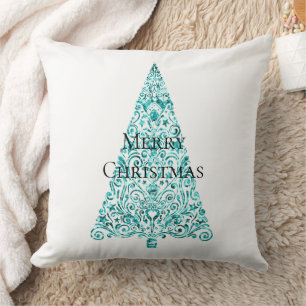 White Aqua Blue Christmas Tree Cushion