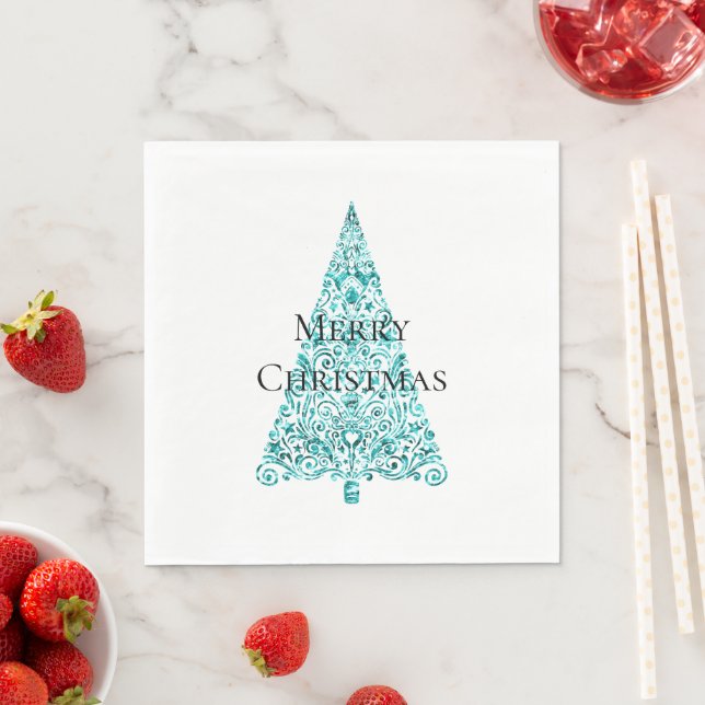 White Aqua Blue Christmas Tree Napkin (Insitu)