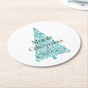 White Aqua Blue Christmas Tree Round Paper Coaster