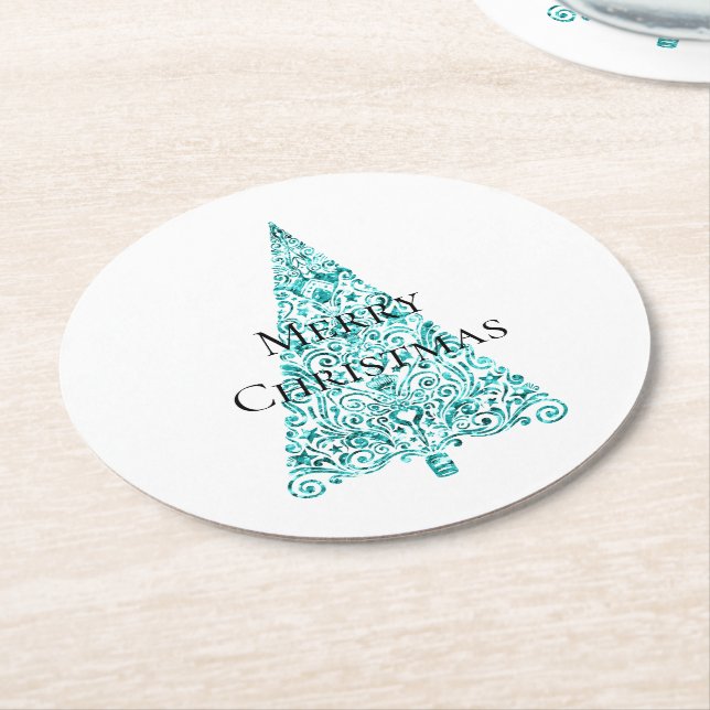 White Aqua Blue Christmas Tree Round Paper Coaster (Angled)