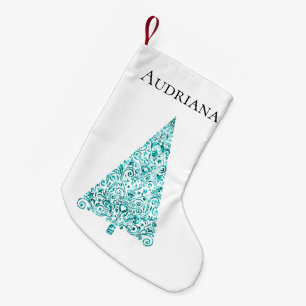 White Aqua Blue Sparkle Christmas Tree Name Small Christmas Stocking