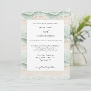 White Aqua Mint Sand Ocean Beach Stripes Wedding Invitation