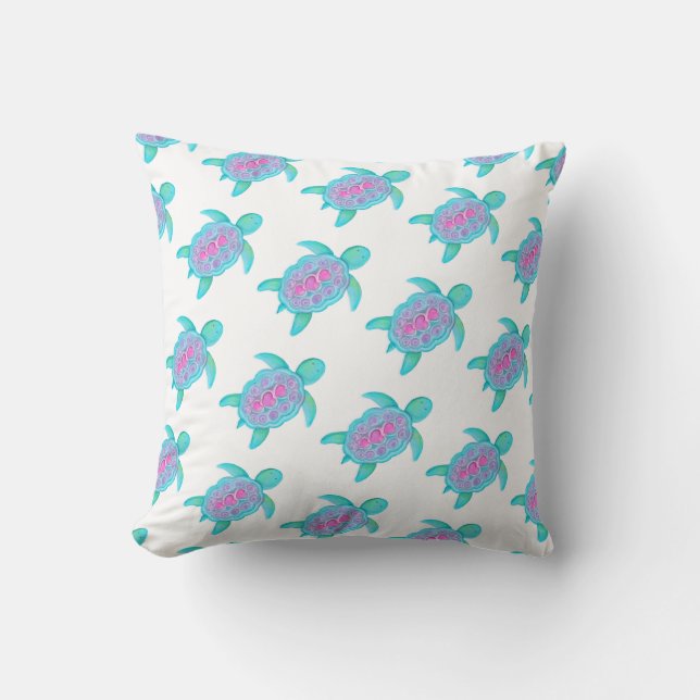 White aqua pink turtle art pattern cushion pillow (Front)