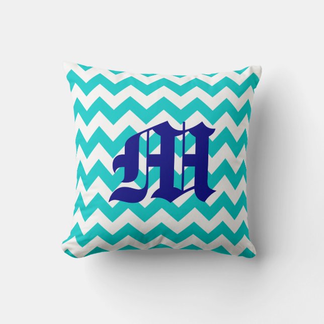 White Aqua Zigzag Pattern with Monogram Cushion (Front)
