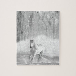 White Arabian Horse Running in  Snow Jigsaw Puzzle