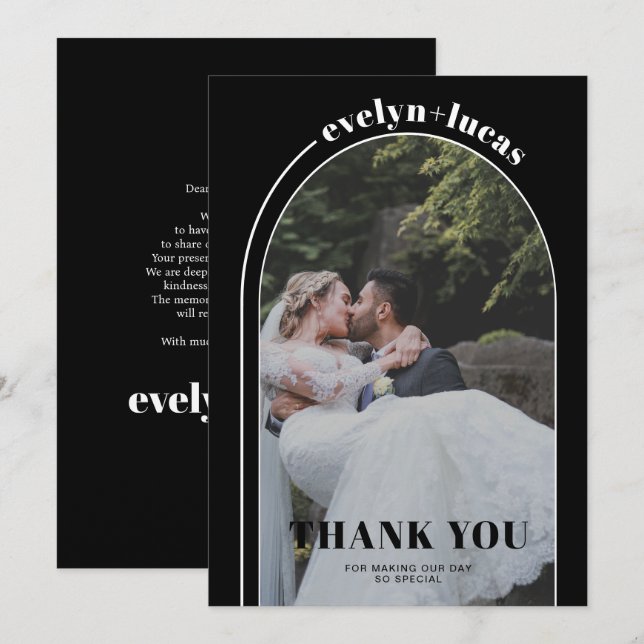 White arch and typography black photo wedding thank you card (Front/Back)