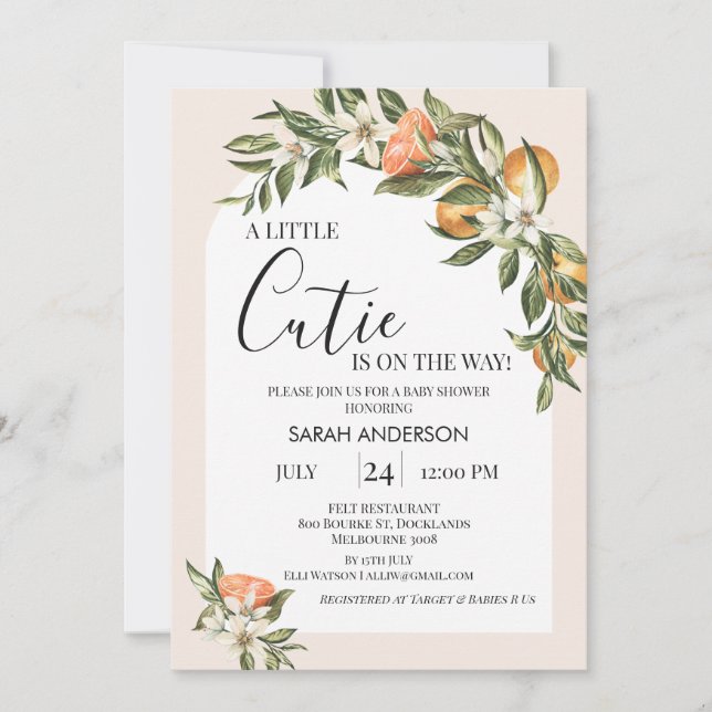 White Arch Clementine Little Cutie Baby Shower Invitation (Front)