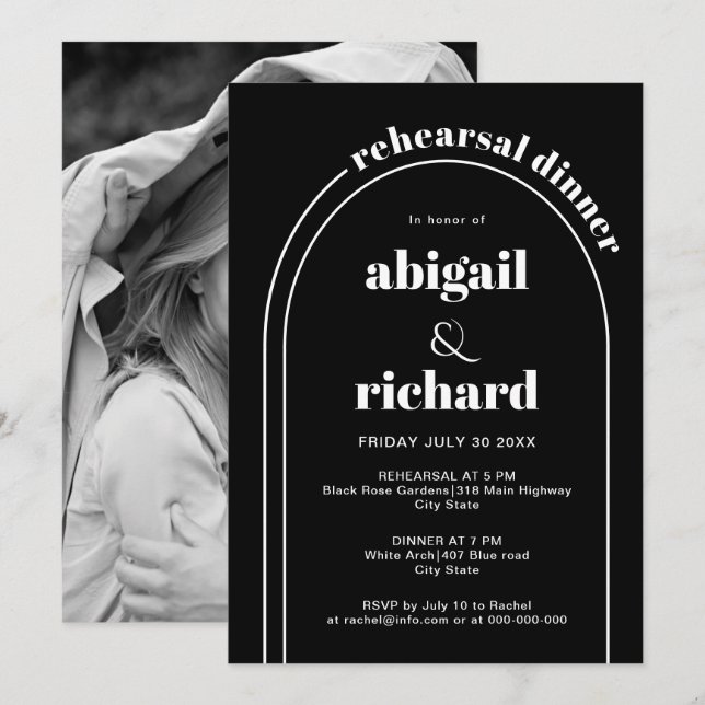 White arch wedding black rehearsal dinner invitation (Front/Back)