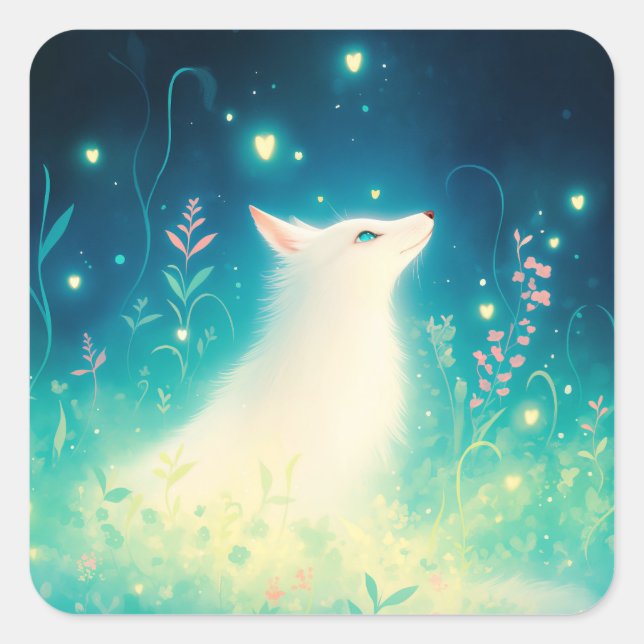 White Arctic Fox in Celestial Midnight Botanical G Square Sticker (Front)