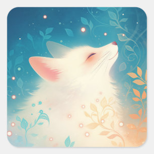 White Arctic Fox in Enchanted Night Forest Garden Square Sticker