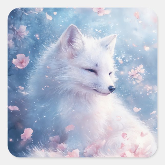 White Arctic Fox in Magical Winter Garden Square Sticker (Front)