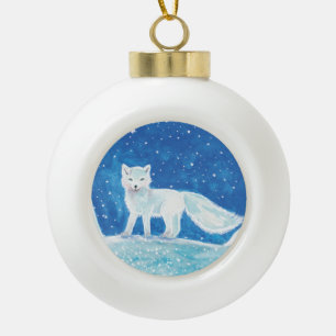 White Arctic Fox in Winter Ceramic Ball Christmas Ornament