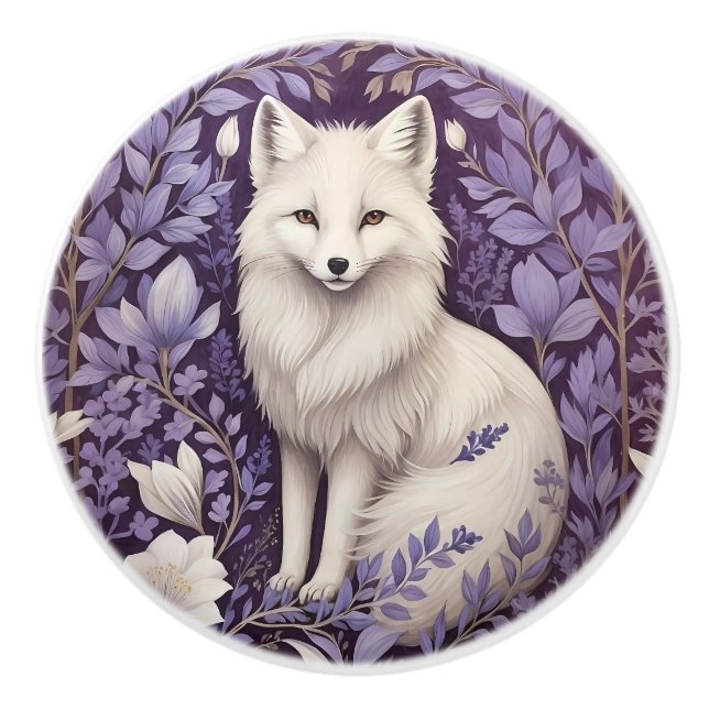 White Arctic Fox Lavender William Morris Flowers Ceramic Knob (Front)