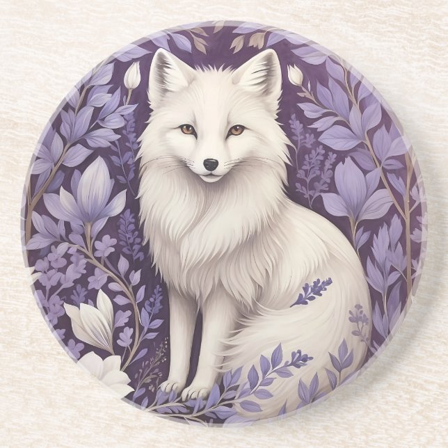 White Arctic Fox Lavender William Morris Flowers Coaster (Front)