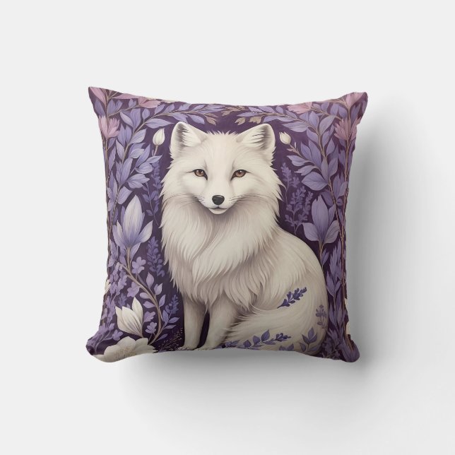 White Arctic Fox Lavender William Morris Flowers Cushion (Front)