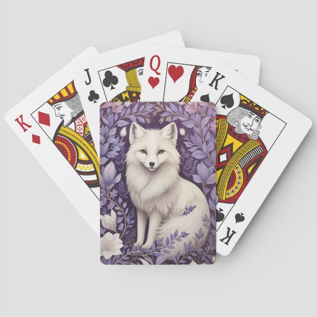 White Arctic Fox Lavender William Morris Flowers Playing Cards (Back)