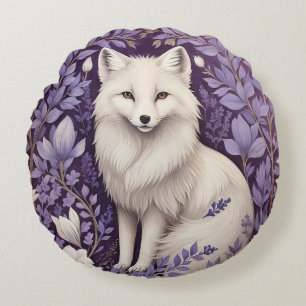 White Arctic Fox Lavender William Morris Flowers Round Cushion
