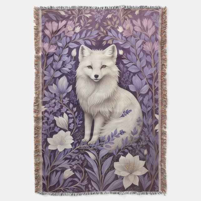 White Arctic Fox Lavender William Morris Flowers Throw Blanket (Front Vertical)