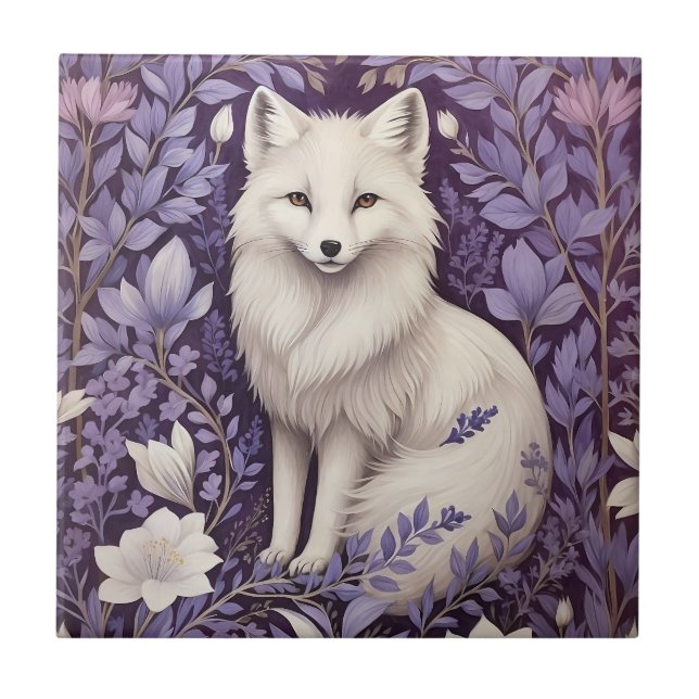 White Arctic Fox Lavender William Morris Flowers Tile (Front)