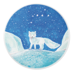 White Arctic Fox (Vulpes lagopus) Illustration  Ceramic Knob