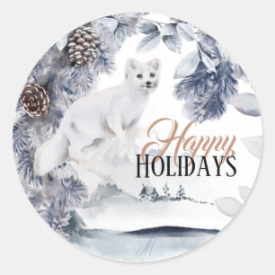 White arctic snow fox woodland winter pine tree  classic round sticker
