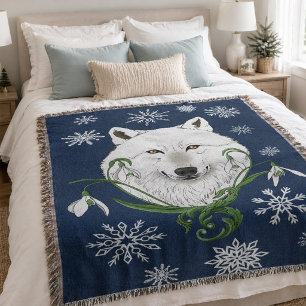 White Arctic Wolf Snowdrop Flowers Throw Blanket