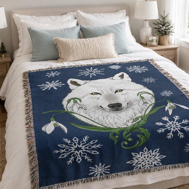 White Arctic Wolf Snowdrop Flowers Throw Blanket (Creator Uploaded)