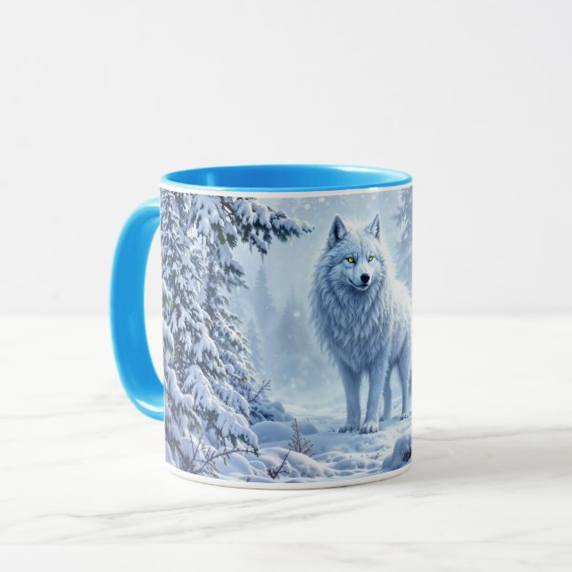 White Arctic wolf winter landscape design Mug (Front Left)