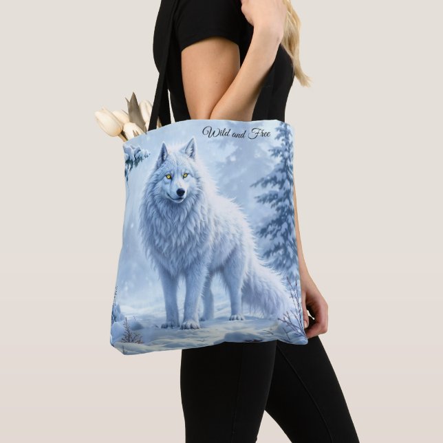 White Arctic wolf winter landscape design Tote Bag (Close Up)