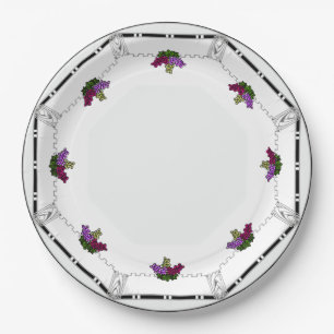 White Art Deco -Black, Silver,Violet Grapes Border Paper Plate